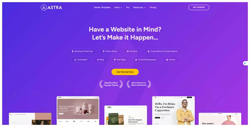 Astra theme home page