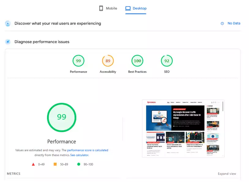 Google PageSpeed Insights test