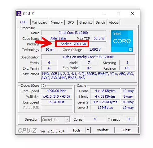 CPUZ I3 12100 SOCKET 1700 LGA