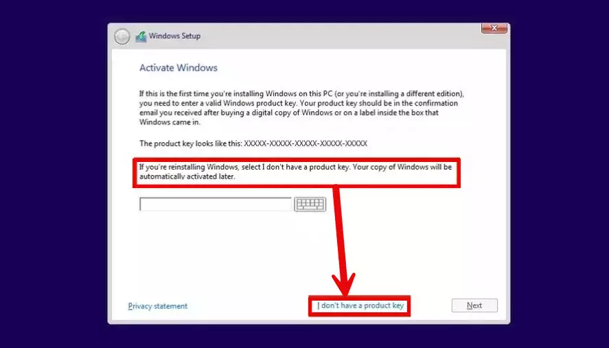 Click on the “I don’t have a product key” option