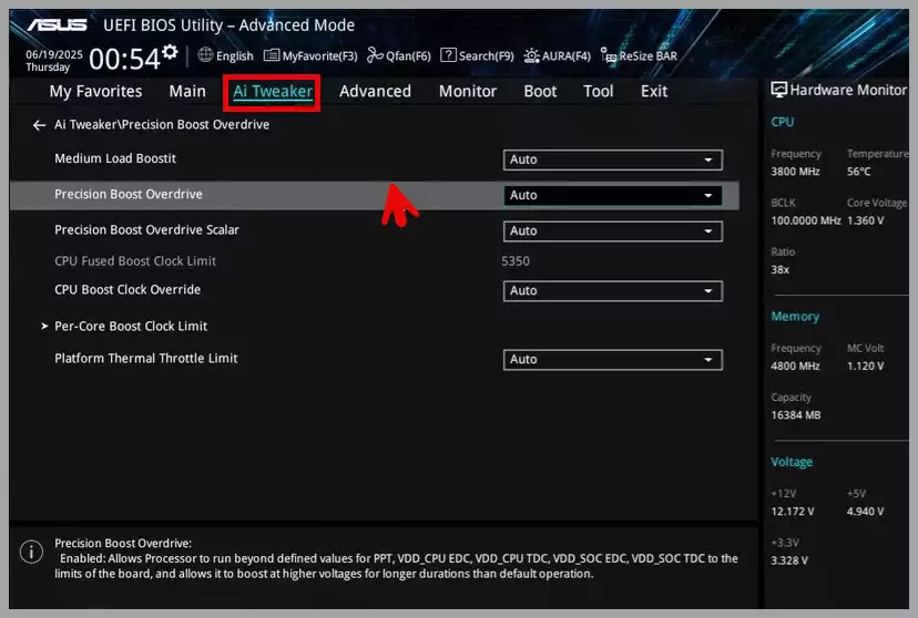 Improved Precision Boost Overdrive feature in ASUS UEFI BIOS.