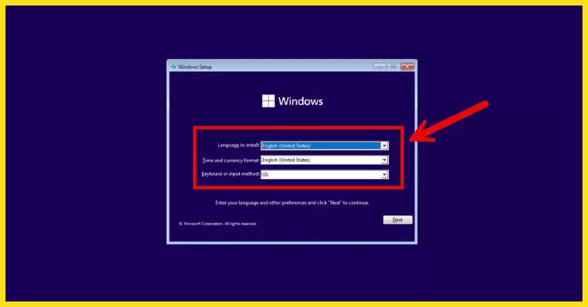 Select the language to use when installing Windows 11