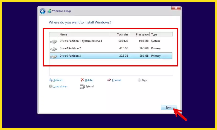 Select the partition you want to install Windows 11 on