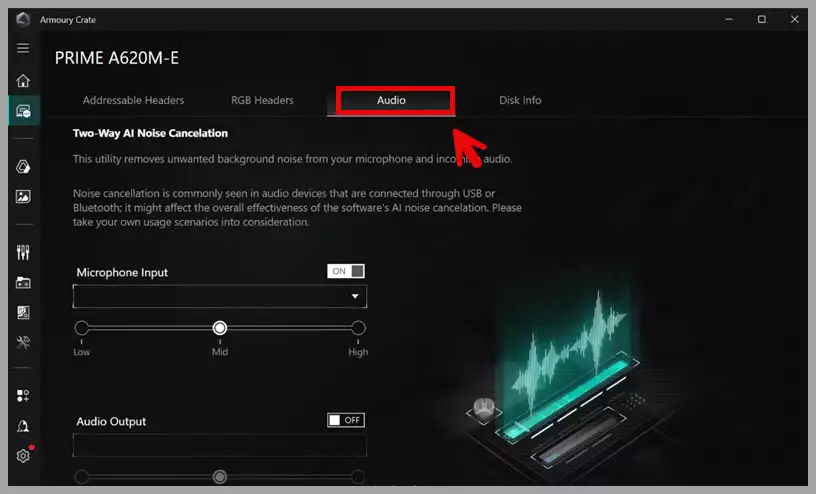 Switch input and output for AI noise cancellation in ASUS Armoury Crate.